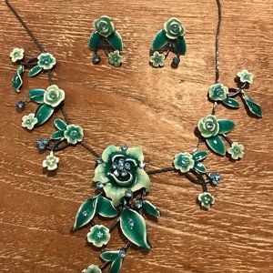 Green Teal Enamel Rose Flowers Floral Necklace and Earring Set